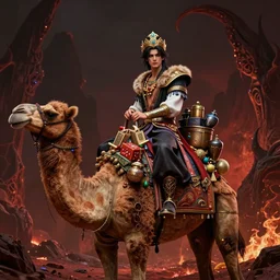 a matte painting of a young gorgeous man riding on the back of a camel, mysterious, with many gifts, king paimon, aesthetically pleasing, in hell, concept art, by boris vallejo, by julie bell, dark fantastic hyperrealism, daz 3 d, album cover, intricate, ornate, ultra detailed, trending on arstation, artgem