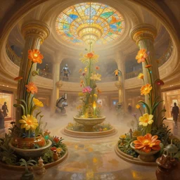 fish eye lens, minimalist 3 d fractal oil painting by donato giancola, warm coloured, cinematic scifi bioluminescent luxurious futuristic foggy steam filled victorian garden circular shopping mall interior with microscopy minimalist stained glass flowers growing out of pretty bulbous ceramic fountains, gigantic pillars and flowers, maschinen krieger, beeple, star trek, star wars
