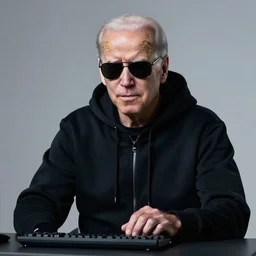 Joe Biden being a deepweb hacker wearing a black hoodie and sunglasses