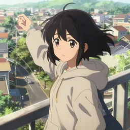 detailed anime visual portrait of a young black haired girl wearing hoodie sightseeing above the suburban town sunny day moody dynamic perspective dynamic posing by yoh yoshinari