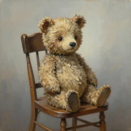 a whimsical painting of a whimsical furry teddy bear sitting on a wooden chair painted by jeremiah ketner