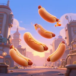 pixar still of hotdogs falling from a blue sky at sunset in a steampunk city