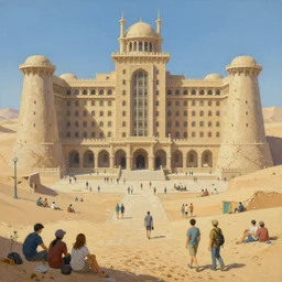 painting of a dystopian desert fortress that was once a hotel, courtyard, people leaning walking and sitting, busy, bustling, vibrant, ruins, sandy, by conrad roset, by ruan jia, by yoshitaka amano, cgsociety, artstation, portfolio quality.