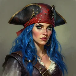 a detailed portrait of a woman pirate with blue hair, by justin gerard and greg rutkowski, digital art, realistic painting, dnd, character design, trending on artstation