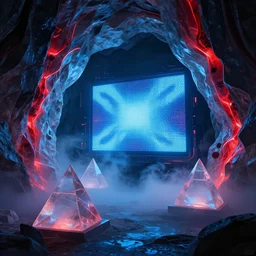 translucent pyramids inside an ice cavern, red watercooling coolant flowing through the walls, led screen exposure!!!, dark scene illuminated by screens, blue light filter, spy kids aesthetic, high contrast, octane render, ray tracing, specular highlighting, volumetric fog, trending on artstation, 6 k, wallpaper