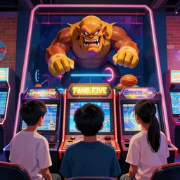 family force five facing down a final boss from the last level of an arcade game