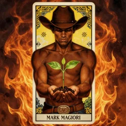 a beautiful dramatic epic symmetrical painting of a shirtless cowboy with dark skin cupping a sapling in his hands | background is a wash of flames | tarot card, art deco, art nouveau | by Mark Maggiori | trending on artstation