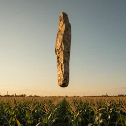 wide shot of a tall and thin rocky statue hovering vertically in the air ten feet above a cornfield, late afternoon, golden hour, dramatic lighting, cinematic, highly detailed, smooth, sharp focus, concept art by greg rutkowski and john berkey and syd mead