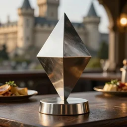 a reflective symmetrical polyhedral 3 d printed steel engineering trophy at a high end bar in a medieval themed castle in golden afternoon light, professional food photography