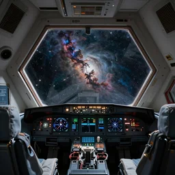 cockpit of a spaceship with a large hexagon shaped window looking out over deep space nebulae, camera view from behind the pilot seat, lots of lights and screens and buttons and cables. Matte painting