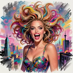 a sketch, ultra detailed, fashion, magic, universe, beautiful woman, similar to margot robbie, crazy expression, huge volume hairstyle, beatiful colors, surreal city, in style of jean - michel basquiat, trending on artstation