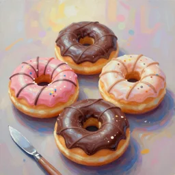 colored donuts, chocolate, expressive impressionist style, painted with a palette knife, in the style of william schneider, dreamy, soft, backlight, luminescence, highly detailed, 8 k