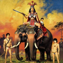 portrait of the ethnic asian female wearing tribal armor, sitting on top of a war elephante poses by gaston bussiere, anna nikonova aka newmilky, greg rutkowski, yoji shinkawa, yoshitaka amano, tsutomu niehi