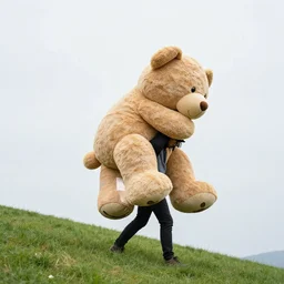 picture of person carrying the worlds largest teddy bear up a hill