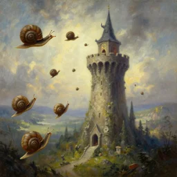 flying snails attacking a wizard tower, epic fantasy oil painting, super wide view