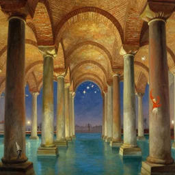 basilica cistern in the style of dr. seuss, starships, painting by thomas cole