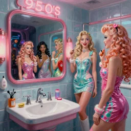 a photorealistic highly detailed painting of a vintage 1 9 5 0's game show in a cybercore bathroom by johfra bosschart, lisa frank, kinkade, visionary art, dark fantasy art, high detail, trending on artstation