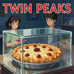 Twin Peaks poster artwork by Michael Whelan and Tomer Hanuka, Rendering of a cherry pie in a glass display case , full of details, by Makoto Shinkai and thomas kinkade, Matte painting, trending on artstation and unreal engine