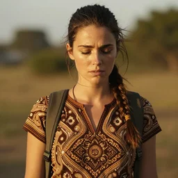 lara croft wearing batik!!!!!!!!!!, looking content, golden hour, shy