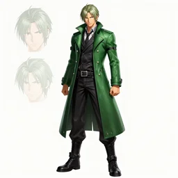 devil may cry long haired green coat son of sparda character design sheet, trending on artstation