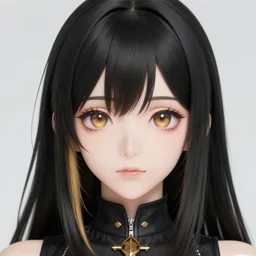 front-facing headshot of a young gothic anime woman with black hair and golden highlights, wearing pretty makeup, drawn by WLOP, by Avetetsuya Studios, anime drawing, trending on artstation