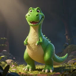 a green dinosaur in the style of pixar, adorable and whimsical, fantasy, elegant, digital painting, artstation, unreal engine, octane render, concept art, matte, sharp focus, vibrant colors, high contrast, illustration, art by justin gerard