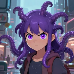 artstation young teen with purple eyes and tentacles on her head in fury, very detailed, in glass town, portrait