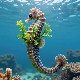 mermaid with a seahorse tail, wears a seaweed top
