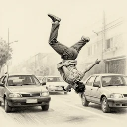 a man cartwheeling into traffic, pencil sketch, detailed, 4k