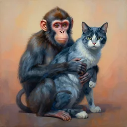 painting of hybrid, monkey!!! and ( ( ( ( cat ) ) ) ) fused together, intercrossed animal, by zdzislaw beksinski, by lewis jones, by mattias adolfsson, cold hue's, warm tone gradient background, concept art, digital painting
