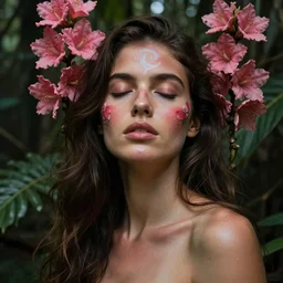 a beautiful portrait of a beautiful woman with eyes closed in the jungle surrounded by bobinsana tree pink flowers, face paintings, matte painting, by christophe vacher