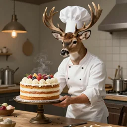 A deer which is a master baker and serves a cake, highly detailed, fantasy art