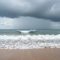 first person view of breaking waves on the shore, summer, during a thunderstorm, raining, sea breeze rises in the air, by andreas rocha and john howe, and Martin Johnson Heade, featured on artstation, featured on behance, golden ratio, ultrawide angle, f32, well composed