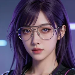 Close up portrait of a young Asian Cyberpunk woman with dark purple hair wearing an aviator, hyperdetailed, artstation, cgsociety, 8k