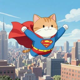 a cat with a superman costume flying over new york city, anime style