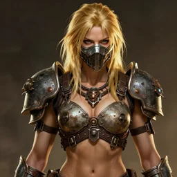 portrait of a blonde female tankoban wastelander, mad max universe, face mask, muscular, upper body, d & d, scrap armor, cinematic lighting, highly detailed, digital painting, artstation, concept art, smooth, sharp focus, illustration, art by artgerm and greg rutkowski and alphonse mucha