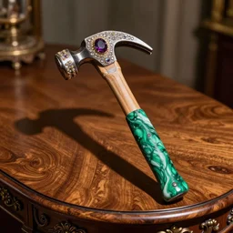 realistic beautiful hdr photograph of a royal hammer decorated with gemstones and a malachite handle, sitting on a fancy wood table
