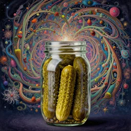 a glass mason jar full of hundreds of pickles, trippy, wtf, infinitely detailed kaleidoscope vines swirling up from an infinite cosmic vortex, multi colored, intricate, elegant, sharp focus, illustration, highly detailed, digital painting, concept art, matte, art by artgerm and ivan shishkin and andrey shishkin, masterpiece