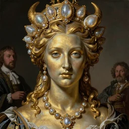 a beautiful portrait render of baroque female demon with golden skin and identical eyes, ultra realistic, hdr, dramatic lighting, sculpture, painting, who wearing dramatic headdress, by  Louise Élisabeth Vigée Le Brun  and aaron horkey and Jean-Baptiste Greuzeand and peter gric and Franz Xaver Winterhalter,Artstation,pinterest,jewelry,porcelain,gold, woman demon,pearlescent,maximalist