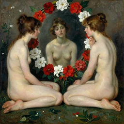 painting by Balthus, three women, red and white flowers, mirror