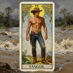 a dramatic, epic, ethereal tarot painting of a handsome!! brown shirtless cowboy | cowboy hat and boots | background is a torrential flooding river | tarot card, art deco, art nouveau | by Mark Maggiori | trending on artstation