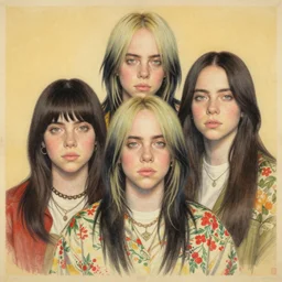 “ billie eilish portrait by ikenaga yasunari and ayana otake and ko rakusui, 6 0 s poster, drawing, realistic, sharp focus, japanese, dreamy, nostalgia, faded, golden hues, floral clothes ”