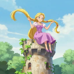 rapunzel letting down her hair, sitting on top the tower, anime style, garden, vines, vertical shot, digital art,