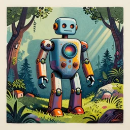 colorful robot woodcut print by Julie De Graag