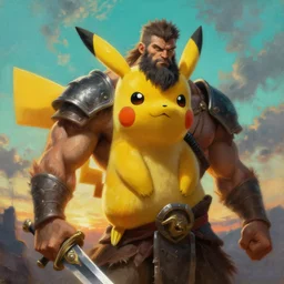 muscular pikachu as barbarian hunter  with chest armor and shiny sword , full human hairy body , backlight  body , extreme very textured detailed panoramic portrait oil painting by rembrandt, sunset, dramatic clouds and cyan atmosphere