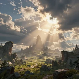 an awesome fantasy, sci - fi landscape, happy, sunny, daylight, midsummer clouds in the background, dramatic sky