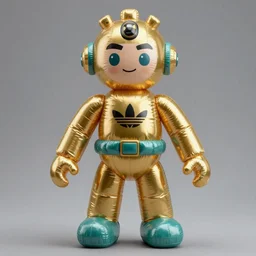 accurate detailed pvc inflatable gold & teal colored action figure god, full body, futuristic, concept art, character only, detailed art, adidas streetwear, figurine!!!, studio lighting, grey background, no shadow, trending on artstation, 4 k, sharp, highly - detailed, focus on face!!!
