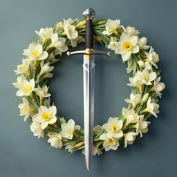 it should contain a sword - cane or a curse. the principal colors should be cool tones. prompt : a wreath of jonquils.