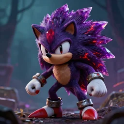 anthropomorphic horror nightmare hedgehog with purple crystal tipped quills and red static and corroded rings trending on artstation 4 k cinematic action