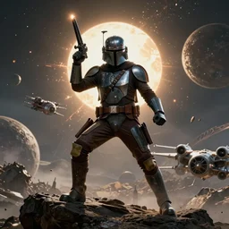 backlit dramatic cinematic mandalorian fighting pose on the rock by frazetta on background with destroyed planets , x-wing and atomic bomb explosion, backlight
